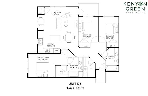 A floor plan for a 1,301 square foot unit from Kenyan Green Apartments.
