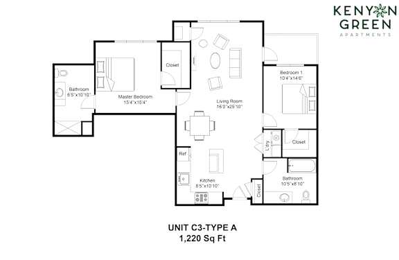 A floor plan for a 1,220 square foot unit with a living room, dining room, kitchen, and bathrooms.