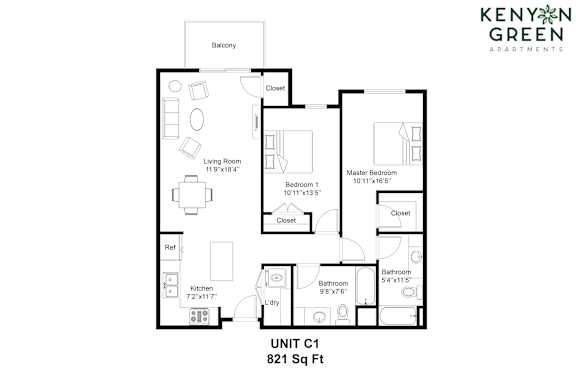A floor plan for a 821 square foot unit by Kenyan Green Apartments.