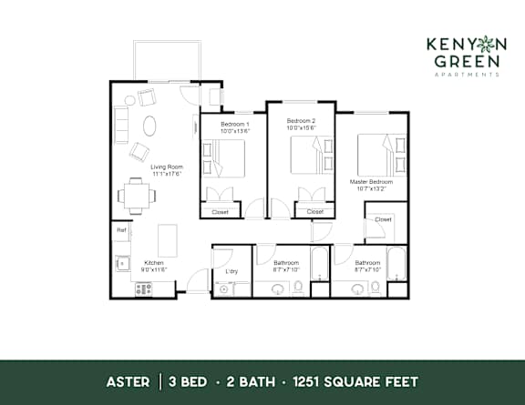 A floor plan for a 3 bedroom, 2 bathroom apartment with a total area of 1251 square feet.