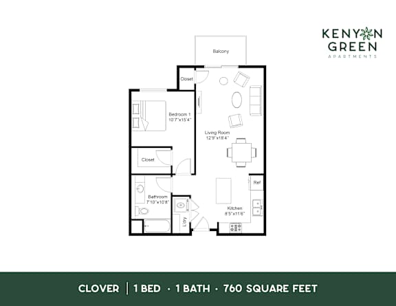 A floor plan for a one bedroom, one bathroom apartment of 760 square feet.