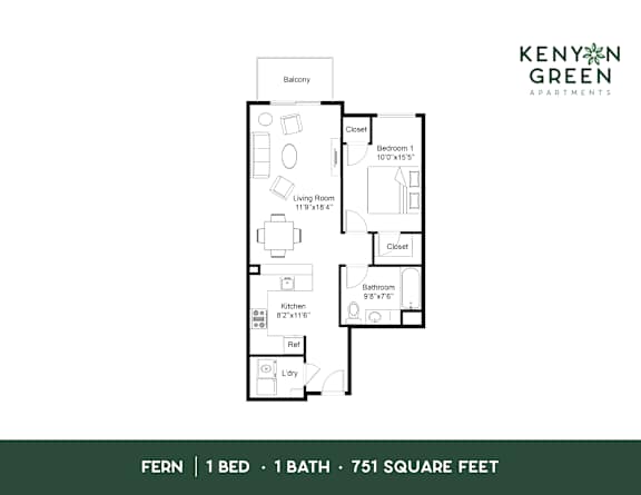 A floor plan for a one bedroom, one bathroom apartment of 751 square feet.