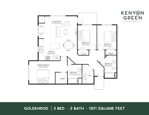 A floor plan for a 3 bedroom, 2 bathroom apartment of 1301 square feet.