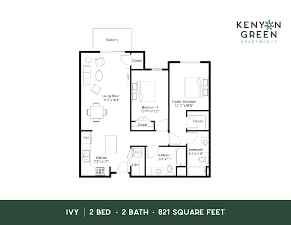A floor plan for a 2 bedroom, 2 bathroom apartment of 821 square feet.