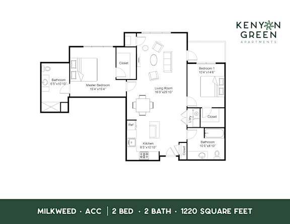 A floor plan for a 2 bedroom, 2 bathroom apartment of 1220 square feet.