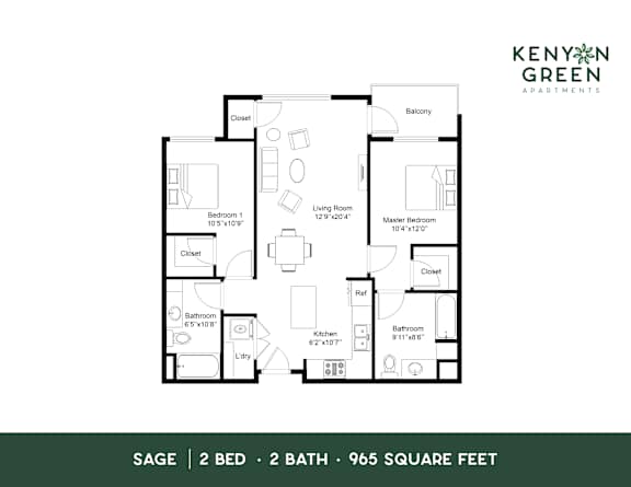 A floor plan for a two bedroom, two bathroom apartment of 965 square feet.