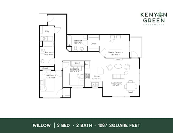 A floor plan for a 3 bedroom, 2 bathroom apartment is shown.