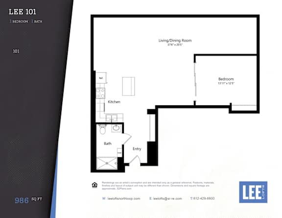 A floor plan for a Lee 101 apartment showing a bedroom, living/dining room, kitchen, and bath.