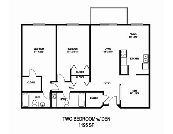 a floor plan of two bedroom w den and two baths