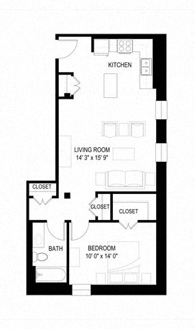 A floor plan of a small apartment with a living room, bedroom, bathroom, and kitchen.