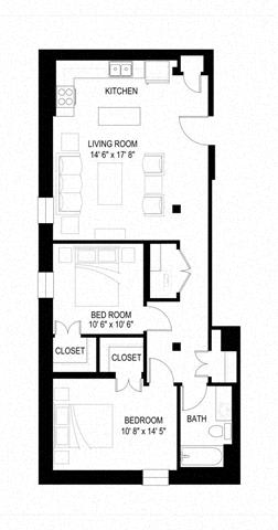 A black and white image of a floor plan for a small apartment.