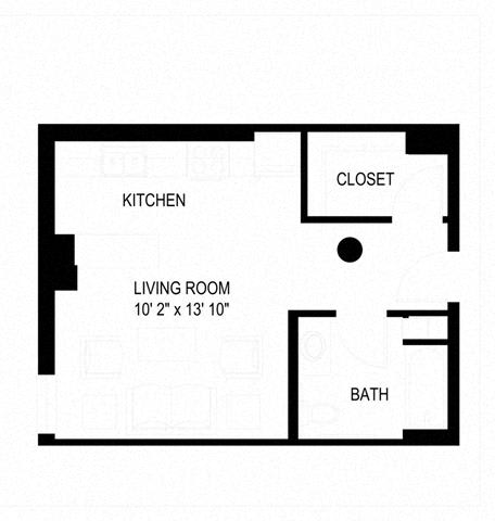 A floor plan of a small apartment with a kitchen, living room, bathroom, and closet.