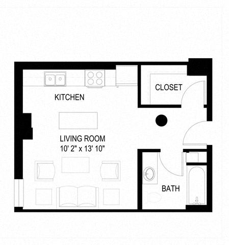 A black and white image of a floor plan for a small apartment.