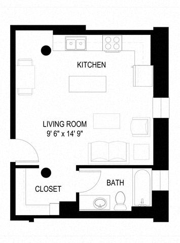 A black and white image of a floor plan for a small apartment.