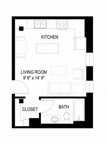 A floor plan of a small apartment with a kitchen, living room, and bathroom.