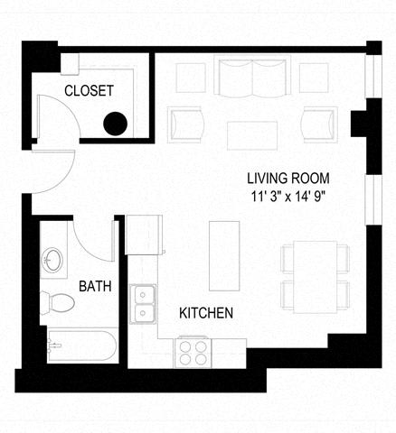 A floor plan of a small apartment with a living room, kitchen, bathroom, and closet.