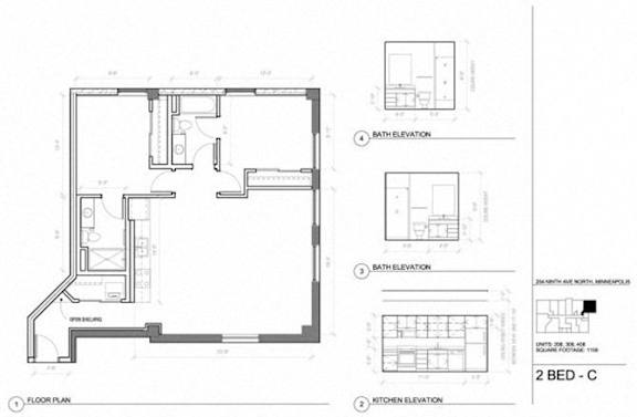Floor Plan  A floor plan of a 2 bedroom apartment with elevation drawings of the bathroom, kitchen and bedroom.