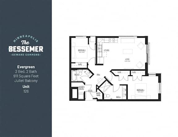 2Bed 2Bath 911 Sq.ft. Balcony at The Bessemer at Seward Commons Apartments, MN, 55404
