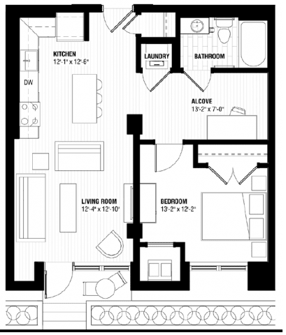 A black and white image of a house floor plan with a living room, kitchen, bathroom, and bedrooms.