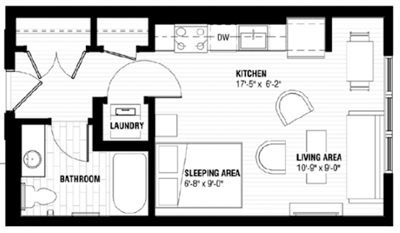 A floor plan of a small apartment with a kitchen, living area, sleeping area, bathroom, and laundry room.