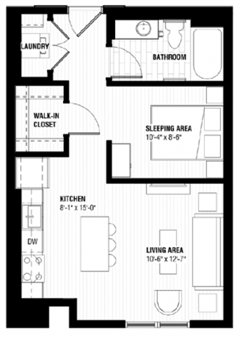 A black and white image of a floor plan for a small apartment.