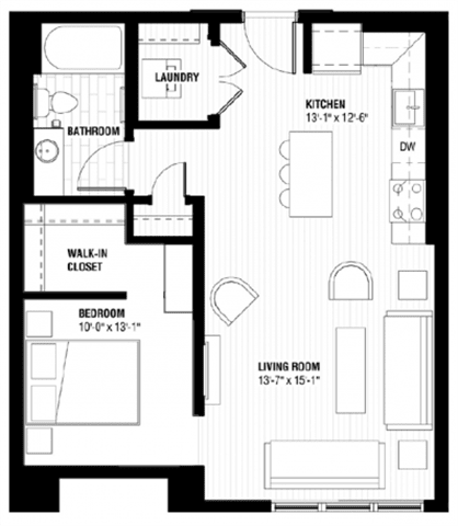 A black and white image of a floor plan for a small apartment.