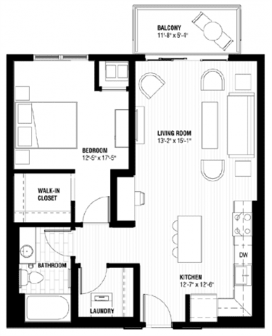 A black and white image of a house floor plan with a balcony, living room, dining room, kitchen, bathroom, bedroom, and laundry.