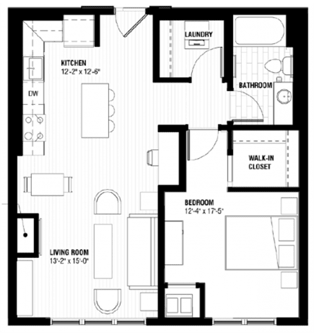 A black and white image of a floor plan for a home with a living room, kitchen, bathroom, and bedrooms.