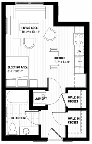 A black and white image of a house floor plan with a living area, sleeping area, laundry, bathroom, kitchen, and walk-in closets.