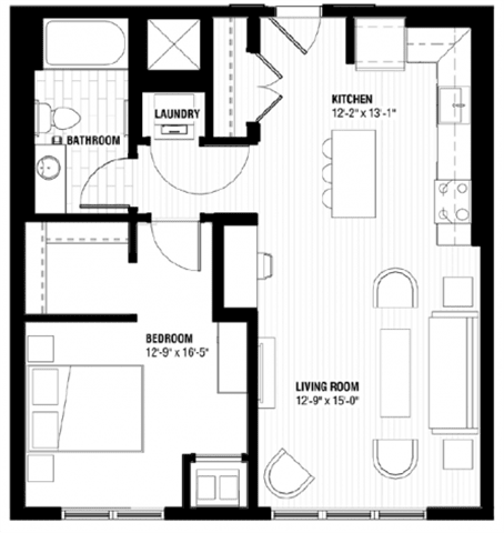 A black and white image of a floor plan for a small apartment.