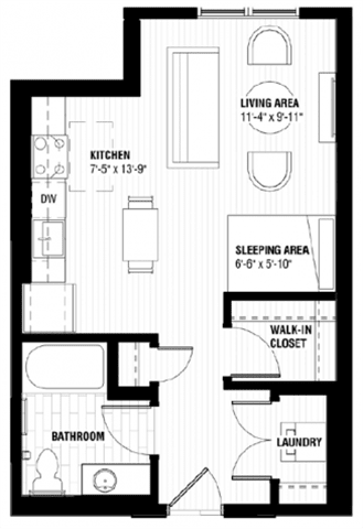 A black and white image of a floor plan for a home with a living area, kitchen, sleeping area, bathroom, walk-in closet, and laundry.