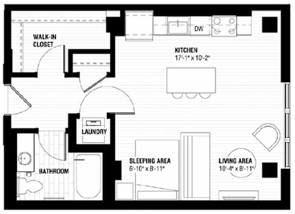 A black and white image of a floor plan for a small apartment.