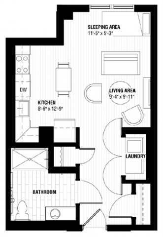 A black and white image of a floor plan for a home with a sleeping area, kitchen, laundry, and bathroom.