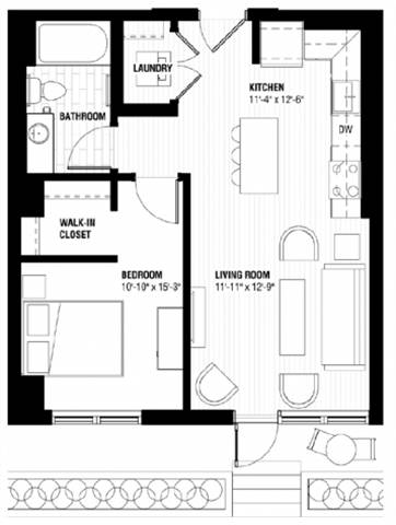 A black and white floor plan of a small apartment with a bedroom, living room, kitchen, bathroom, and walk-in closet.