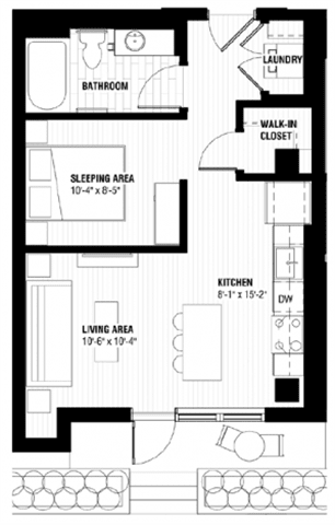 A black and white floor plan of a house with a living area, kitchen, sleeping area, bathroom, laundry, and walk-in closet.