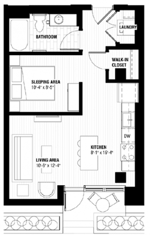 A black and white floor plan of a small apartment with a sleeping area, living area, kitchen, bathroom, and laundry room.