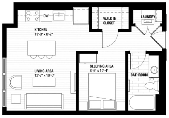 A black and white image of a floor plan for a small apartment.