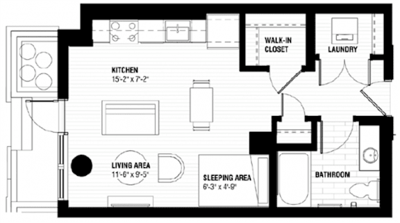 A black and white floor plan of a house with a kitchen, living area, sleeping area, bathroom, laundry, and walk-in closet.