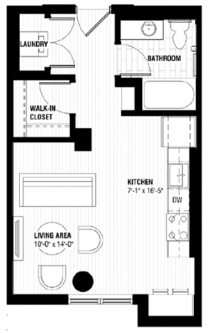 A black and white image of a floor plan for a small apartment.