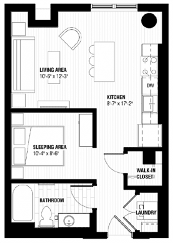 A black and white image of a floor plan for a small apartment.