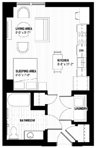 A black and white image of a floor plan for a small apartment.