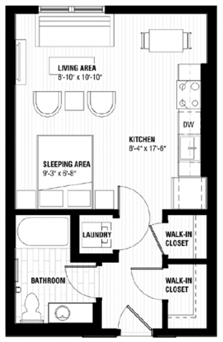 A black and white image of a floor plan for a small apartment.