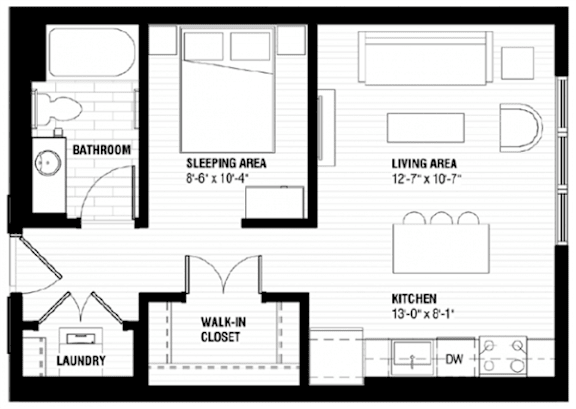 A floor plan of a small apartment with a sleeping area, living area, kitchen, bathroom, and laundry room.