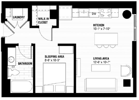 A floor plan of a small apartment with a sleeping area, living area, kitchen, bathroom, and laundry.