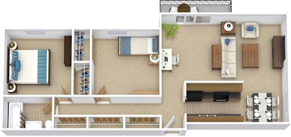 A floor plan of a small apartment with a kitchen, living room, and bathroom.