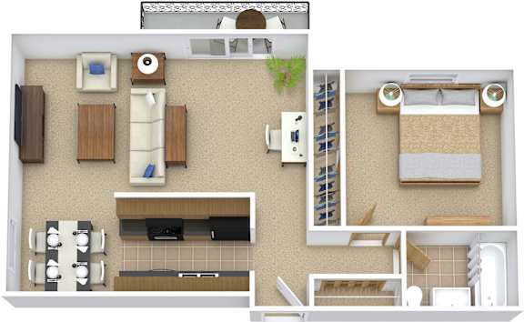 A top-down view of a small apartment layout with a kitchen, living room, and bedroom.