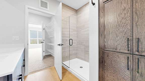 A bathroom with a walk-in shower and a white countertop.