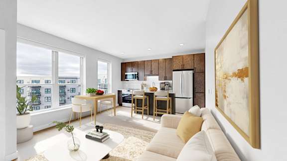 A modern living room with a large window overlooking a cityscape.