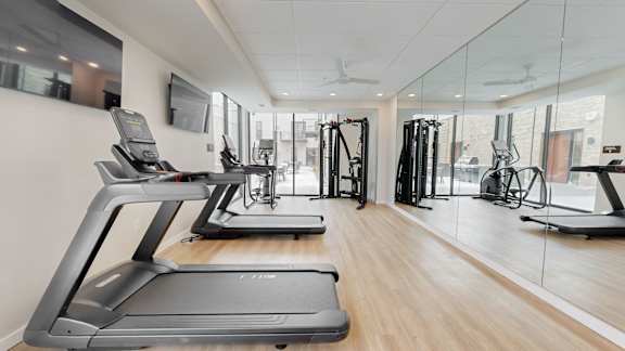 A gym with treadmills, weights and mirrors.