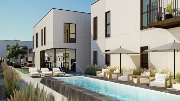 rendering of a pool in front of a building at One West Drive Apartments, Excelsior